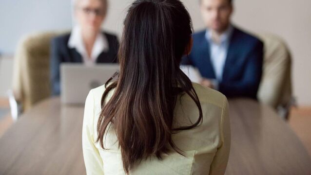 <p>Businesswoman and businessman HR manager interviewing woman. Candidate female sitting her back to camera, focus on her, close up rear view, interviewers on background. Human resources, hiring concept</p> <p>Businesswoman and businessman HR manager interviewing woman. Candidate female sitting her back to camera, focus on her, close up rear view, interviewers on background. Human resources, hiring concept</p>