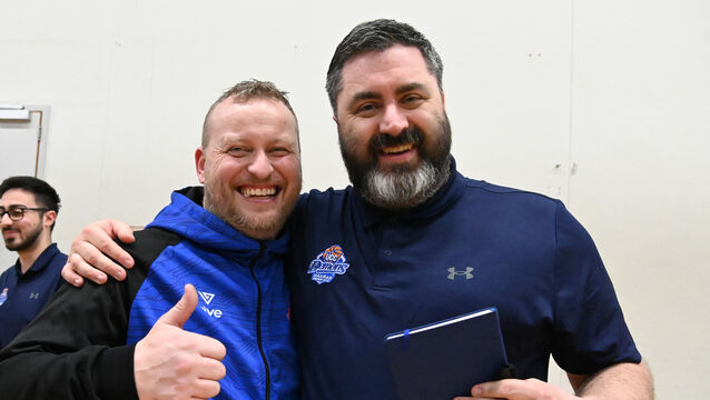 <p>UCC Demons coach Daniel O'Mahony and assistant Stuart Rodgers celebrate the win over Energywise Ireland Neptune during the Men's Super League quarter final replay at the Mardyke Arena. Picture: Eddie O'Hare</p> <p>UCC Demons coach Daniel O'Mahony and assistant Stuart Rodgers celebrate the win over Energywise Ireland Neptune during the Men's Super League quarter final replay at the Mardyke Arena. Picture: Eddie O'Hare</p>