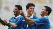Mazinho, Bebeto and Romario of Brazil celebrate Mazinho, Bebeto and Romario of Brazil celebrate