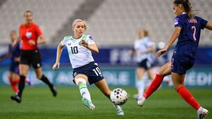 <p>Maelle Lakrar of France in action against Denise O'Sullivan of Republic of Ireland during the 2027 FIFA Women’s World Cup Qualifier match between France and Republic of Ireland at Stade des Alpes in Grenoble, France. Photo by Stephen McCarthy/Sportsfile</p> <p>Maelle Lakrar of France in action against Denise O'Sullivan of Republic of Ireland during the 2027 FIFA Women’s World Cup Qualifier match between France and Republic of Ireland at Stade des Alpes in Grenoble, France. Photo by Stephen McCarthy/Sportsfile</p>