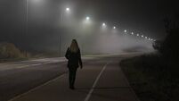 iStock-1062439964.jpg Young woman alone slowly walking under white street lights in night. Dark time. Peaceful atmosphere in mist. Foggy air. Back vie