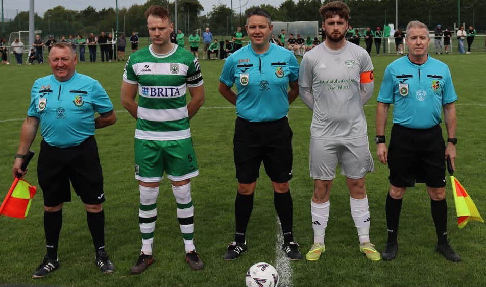 Adam Conroy is flanked by Trim Celtic's captain Tadgh Bradley and Coachford's Adam Murphy. Included are Paul Shelley and Josheph O'Hanlon. Picture: Barry Peelo. Adam Conroy is flanked by Trim Celtic's captain Tadgh Bradley and Coachford's Adam Murphy. Included are Paul Shelley and Josheph O'Hanlon. Picture: Barry Peelo.