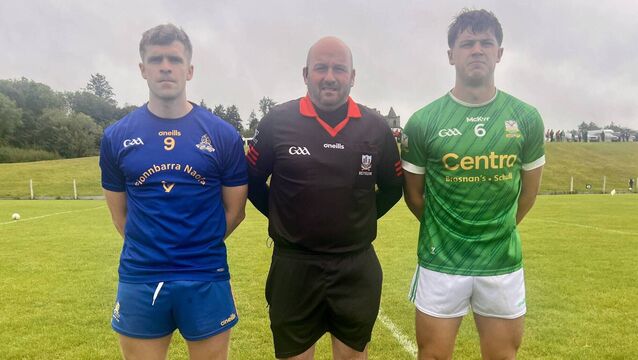 <p>St Finbarr’s captain Adam Lyne, referee Jerry Kelleher, Gabriel Rangers captain Killian O’Brien prior to their McCarthy Insurance Group Cork IAFC Group 2 game in Ballinacarriga. Picture: Ger McCarthy.</p> <p>St Finbarr’s captain Adam Lyne, referee Jerry Kelleher, Gabriel Rangers captain Killian O’Brien prior to their McCarthy Insurance Group Cork IAFC Group 2 game in Ballinacarriga. Picture: Ger McCarthy.</p>