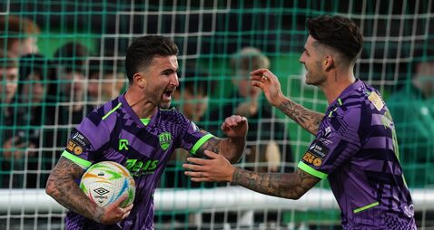 SSE Airtricity League First Division Bray Wanderers vs Cork City Seani Maguire celebrates with Ruairi Keating after scoring his side's first goal 4/9/2026