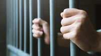 iStock-980041056.jpg Man in prison hands of behind hold Steel cage jail bars. offender criminal locked in jail.