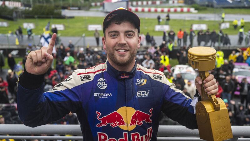Conor Shanahan celebrates his victory in the third round of the Drift Masters European Championship. Picture: Mihai Stetcu / Red Bull. Conor Shanahan celebrates his victory in the third round of the Drift Masters European Championship. Picture: Mihai Stetcu / Red Bull.