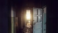 Derelict.jpg Dirty empty dark corridor in abandoned building, doors, light in the end, perspective, way to freedom
