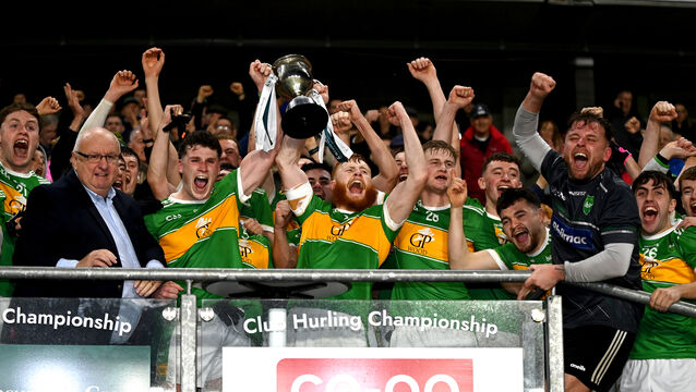 <p>Kilmurry captain William Ronan and vice-captain James O'Mullane raise the trophy after defeating Buttevant. Picture: Eddie O'Hare</p> <p>Kilmurry captain William Ronan and vice-captain James O'Mullane raise the trophy after defeating Buttevant. Picture: Eddie O'Hare</p>