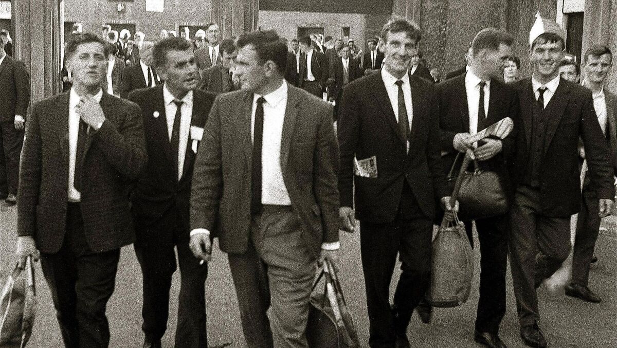 Tom O’Donoghue, third from left, striding out of Croke Park after Cork’s unexpected win over Kilkenny in 1966 All-Ireland final. With Tom were: Peter Doolan, Colm Sheehan, Ger O’Leary and Michael O’Halloran, father of current Cork panel member of the same name on right. Picture: Kevin Cummins Tom O’Donoghue, third from left, striding out of Croke Park after Cork’s unexpected win over Kilkenny in 1966 All-Ireland final. With Tom were: Peter Doolan, Colm Sheehan, Ger O’Leary and Michael O’Halloran, father of current Cork panel member of the same name on right. Picture: Kevin Cummins