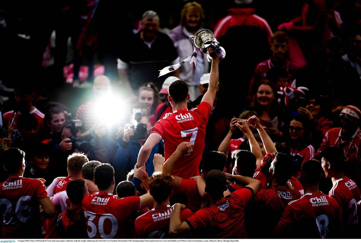 Peter O'Driscoll of Cork and team-mates celebrate with the trophy following the 2019 All-Ireland U20 triumph. He plays Sigerson with IT Sligo. Photo by Harry Murphy/Sportsfile Peter O'Driscoll of Cork and team-mates celebrate with the trophy following the 2019 All-Ireland U20 triumph. He plays Sigerson with IT Sligo. Photo by Harry Murphy/Sportsfile