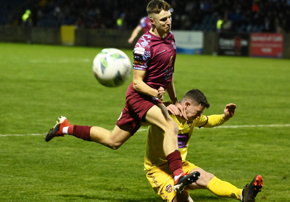 Cobh Ramblers' Tiernan O'Brien is tackled by Wexford's Aaron Robinson. Picture: Eddie O'Hare Cobh Ramblers' Tiernan O'Brien is tackled by Wexford's Aaron Robinson. Picture: Eddie O'Hare