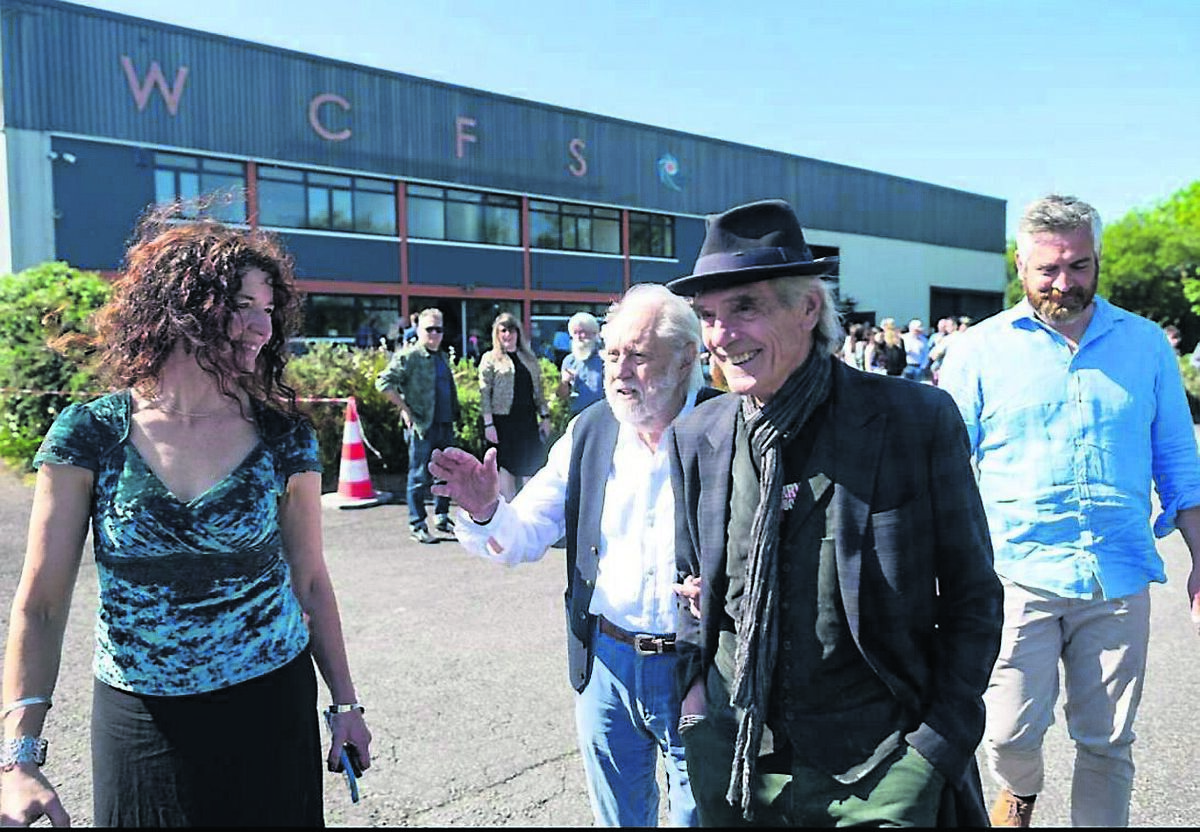 Édain O’ Donnell with, from left, film producer David Puttnam, actor Jeremy Irons, and TD Christopher O’ Sullivan at West Cork Film Studios open day. Picture: Johannes Eisele Édain O’ Donnell with, from left, film producer David Puttnam, actor Jeremy Irons, and TD Christopher O’ Sullivan at West Cork Film Studios open day. Picture: Johannes Eisele