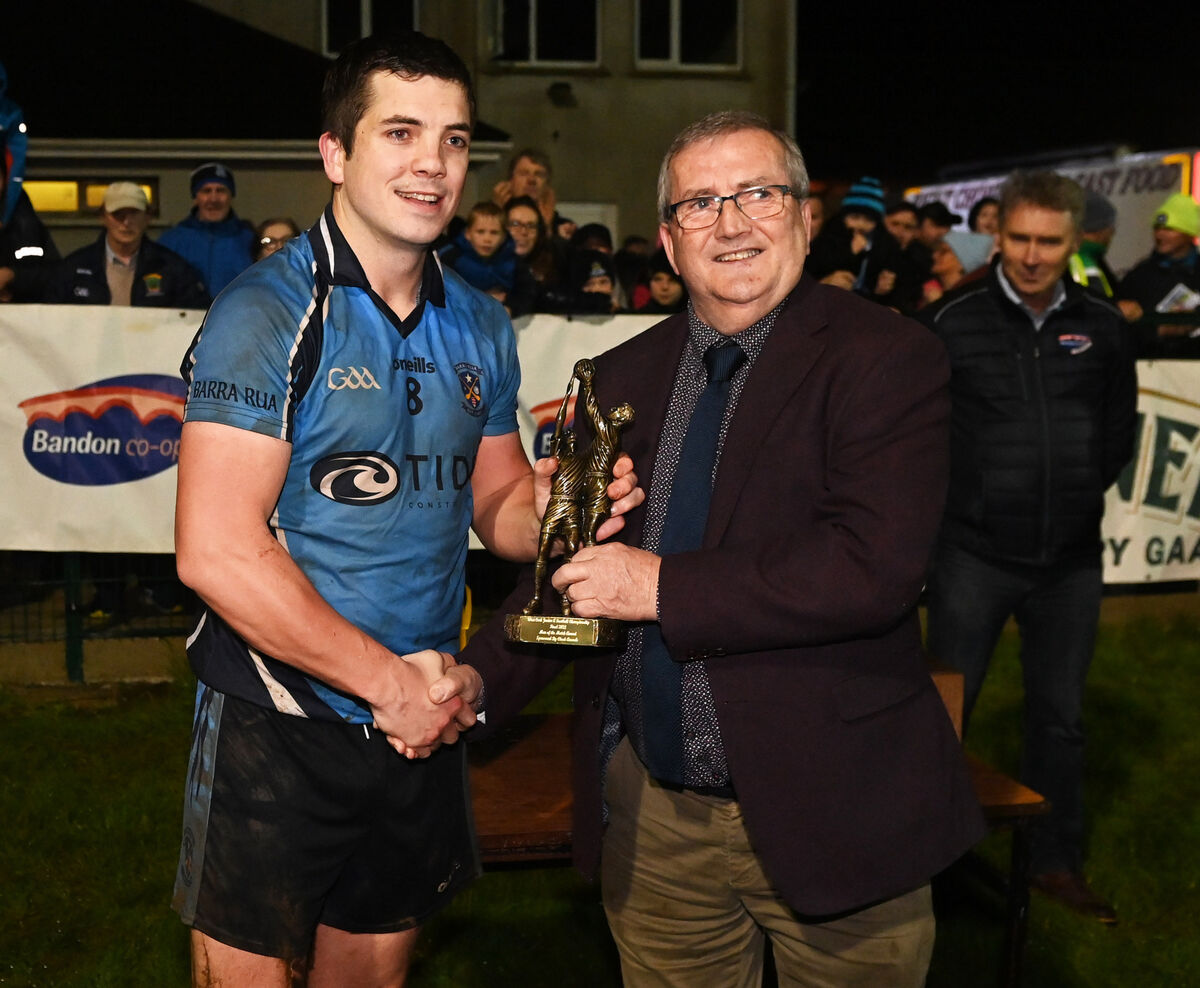 Barryroe's Robbie kiely, winner of the 'player of the match ' award from Aidan O'Rourke after defeating Kilmacabea in the Bandon Co-Op West Cork JAFC final at Dunmanway. Picture; Eddie O'Hare Barryroe's Robbie kiely, winner of the 'player of the match ' award from Aidan O'Rourke after defeating Kilmacabea in the Bandon Co-Op West Cork JAFC final at Dunmanway. Picture; Eddie O'Hare