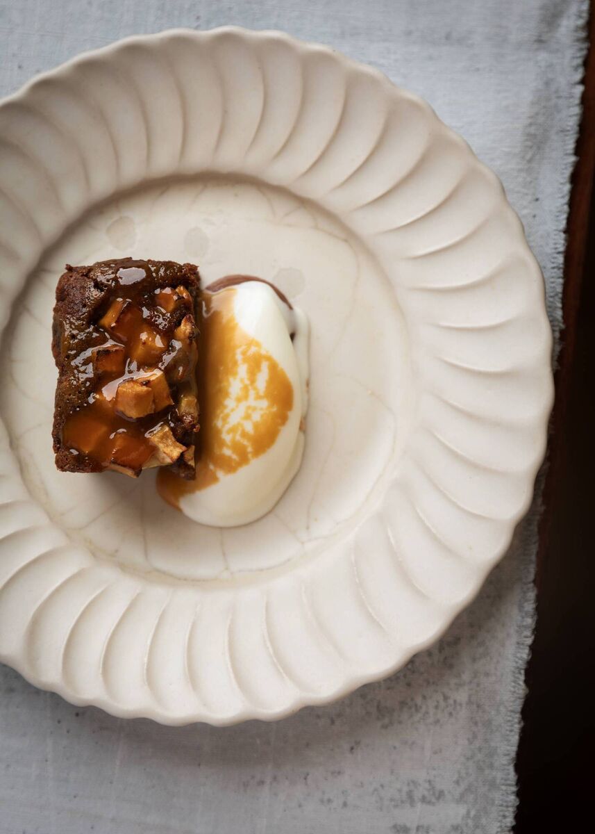 Shauna's dish of Date Pudding with Sheep Yogurt Ice Cream, burt apple hazelnuts and whiskey caramel. Picture: Ruth Calder Potts Shauna's dish of Date Pudding with Sheep Yogurt Ice Cream, burt apple hazelnuts and whiskey caramel. Picture: Ruth Calder Potts