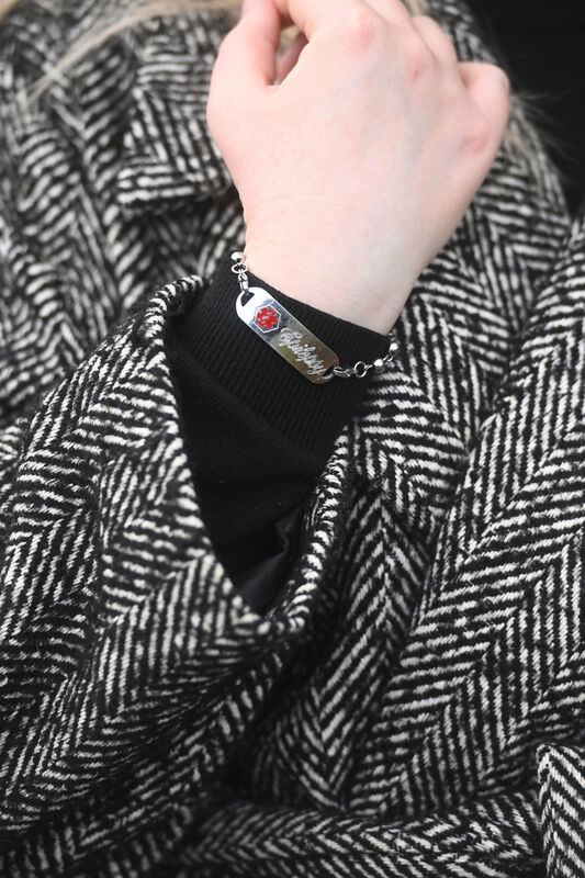 Medical Alert bracelet worn by Julia Duff to alert first responders or those giving emergency medical care. Pic Larry Cummins Medical Alert bracelet worn by Julia Duff to alert first responders or those giving emergency medical care. Pic Larry Cummins
