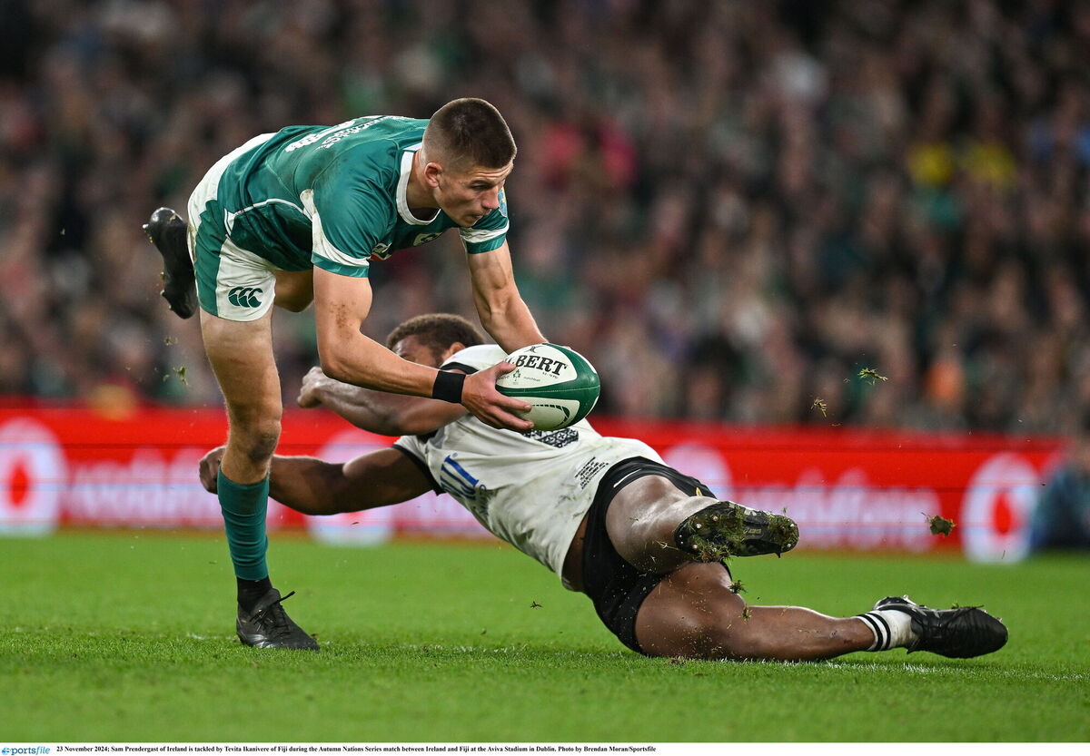 Sam Prendergast powers through. Picture: Brendan Moran/Sportsfile Sam Prendergast powers through. Picture: Brendan Moran/Sportsfile