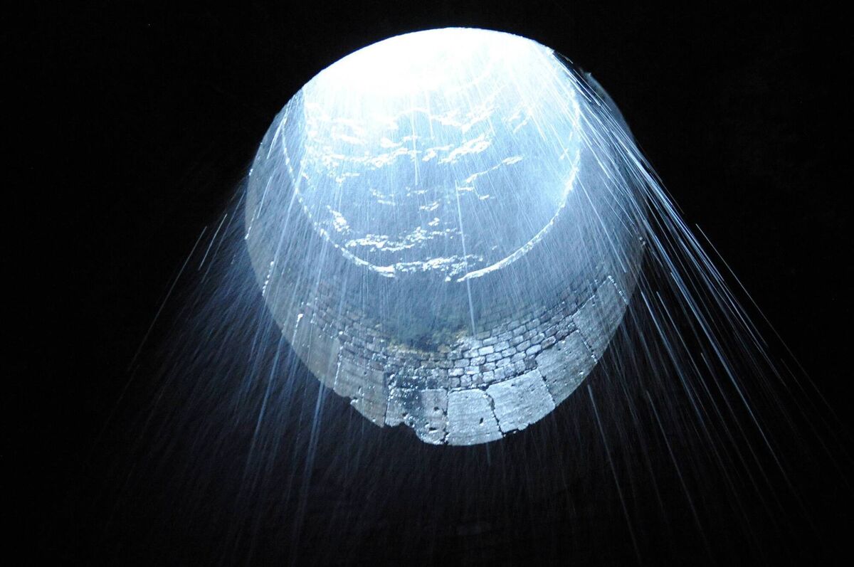 Daylight and water stream down one of the shafts inside the Goggins Hill railway tunnel on the old West Cork rail line. Picture: Eddie O'Hare Daylight and water stream down one of the shafts inside the Goggins Hill railway tunnel on the old West Cork rail line. Picture: Eddie O'Hare