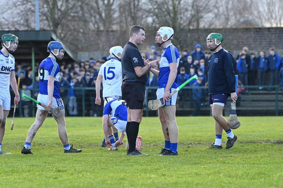 Referee John O'Halloran having words with Séamas Mac Seoin, Gaelcholaiste Mhuire AG in the TUS Dr Harty Cup (U19 A Hurling) semi-final against St Flannans, Ennis at Kilmallock, Co Limerick. Picture Dan Linehan Referee John O'Halloran having words with Séamas Mac Seoin, Gaelcholaiste Mhuire AG in the TUS Dr Harty Cup (U19 A Hurling) semi-final against St Flannans, Ennis at Kilmallock, Co Limerick. Picture Dan Linehan