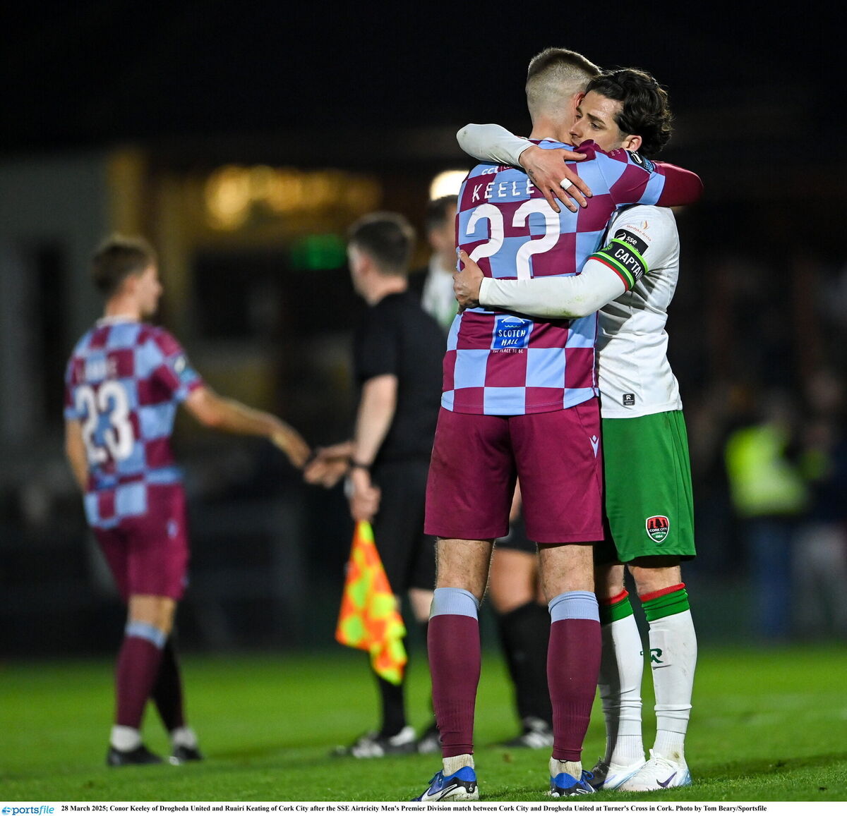 Conor Keeley of Drogheda United and Ruairí Keating of Cork City after the match. Picture: Tom Beary/Sportsfile Conor Keeley of Drogheda United and Ruairí Keating of Cork City after the match. Picture: Tom Beary/Sportsfile