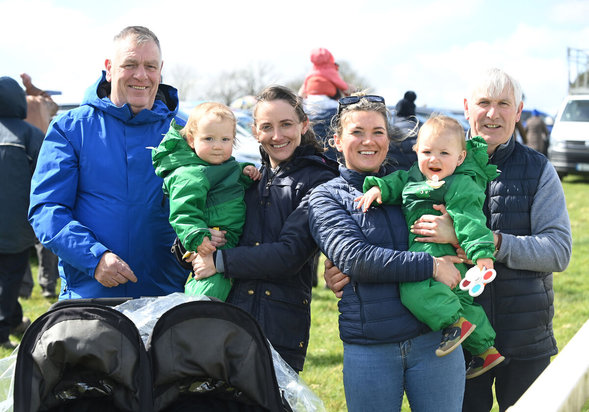 Twins Fin and Harry King with their mother Aine, aunt Fionnuala Gleeson and two grandfathers Willie Gleeson and Sean King at Killeady Hunt Point to Point. Picture: Eddie O'Hare Twins Fin and Harry King with their mother Aine, aunt Fionnuala Gleeson and two grandfathers Willie Gleeson and Sean King at Killeady Hunt Point to Point. Picture: Eddie O'Hare