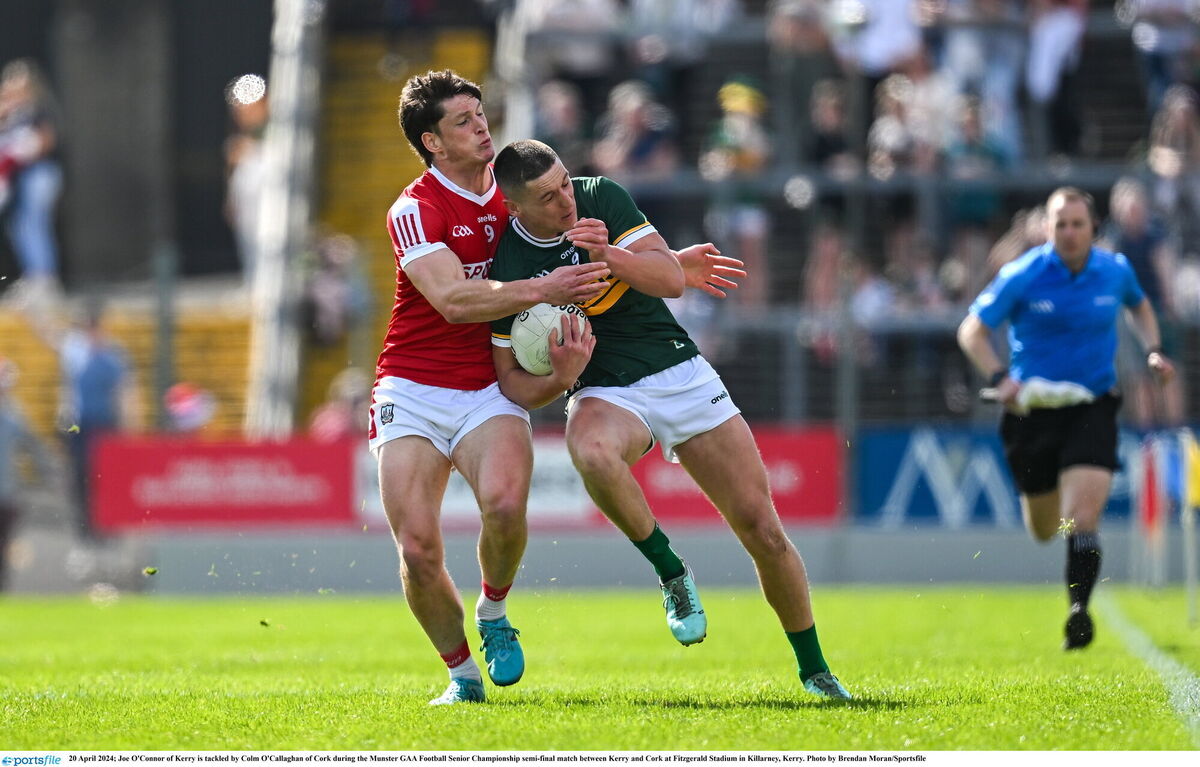 Joe O'Connor of Kerry is tackled by Colm O'Callaghan of Cork 12 months ago. Picture: Brendan Moran/Sportsfile Joe O'Connor of Kerry is tackled by Colm O'Callaghan of Cork 12 months ago. Picture: Brendan Moran/Sportsfile