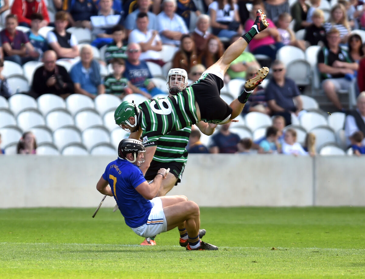 Douglas's Eoin Cadogan flying through the air in this tussle with Glenn O'Connor of St Finbarr's in 2018. Picture: Eddie O'Hare Douglas's Eoin Cadogan flying through the air in this tussle with Glenn O'Connor of St Finbarr's in 2018. Picture: Eddie O'Hare