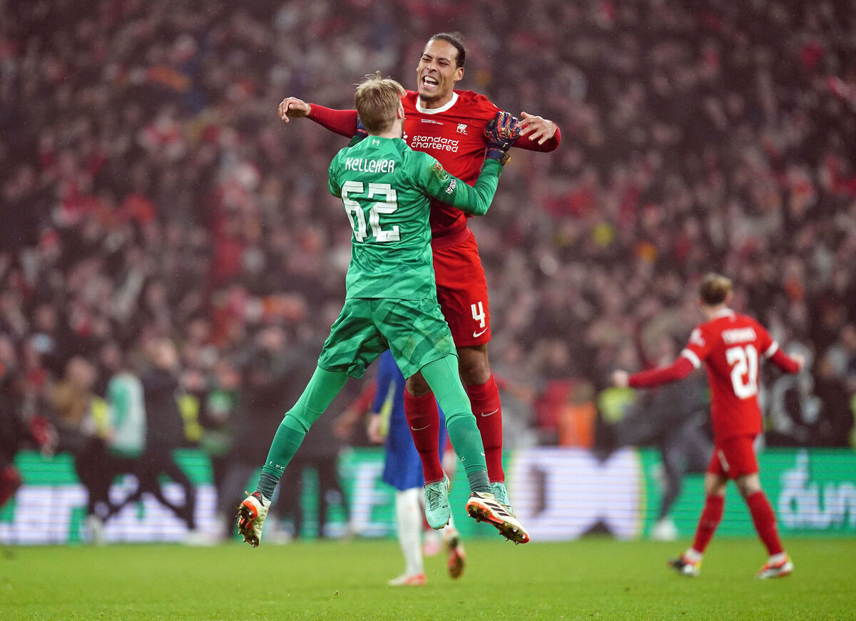 Liverpool goalkeeper Caoimhin Kelleher and Virgil van Dijk celebrate after the final whistle of the Carabao Cup final at Wembley Stadium, London last year. Picture: Nick Potts/PA Wire Liverpool goalkeeper Caoimhin Kelleher and Virgil van Dijk celebrate after the final whistle of the Carabao Cup final at Wembley Stadium, London last year. Picture: Nick Potts/PA Wire