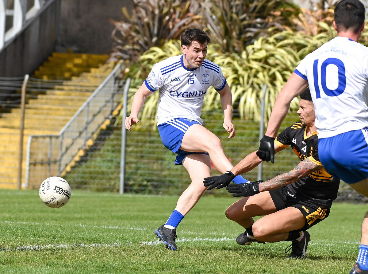 Clyda Rovers' Mike Ford makes a great block to deny Cill na Martra's Shane O Duinnin . Picture: David Keane. Clyda Rovers' Mike Ford makes a great block to deny Cill na Martra's Shane O Duinnin . Picture: David Keane.