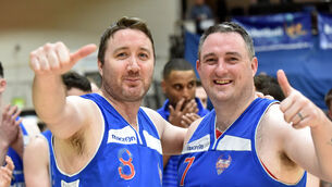 <p>Blue Demons Shane Coughlan and Shane McCarthy after defeating Leixlip Zalgiris in the Hula Hoops NICC men's national cup final at the Basketaball Arena.</p> <p>Blue Demons Shane Coughlan and Shane McCarthy after defeating Leixlip Zalgiris in the Hula Hoops NICC men's national cup final at the Basketaball Arena.</p>