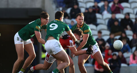 Inpho Paul Walsh is tackled by Daithi McGowan, Jack Kinlough and Ronan Jones 9/12/2023
